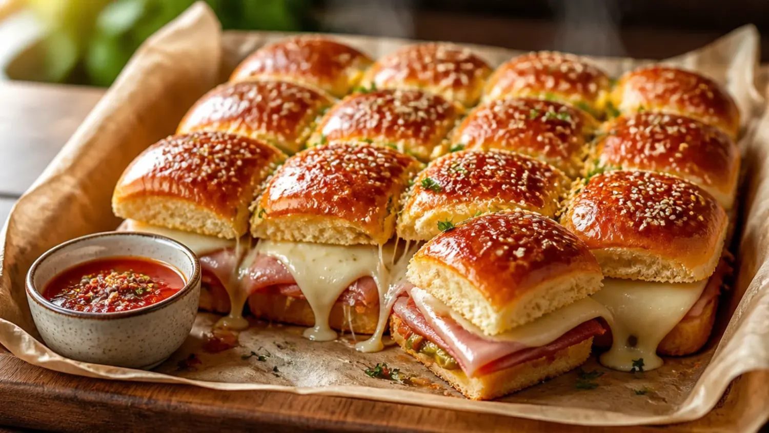 Overhead shot of golden-baked Italian sliders on Hawaiian rolls in a baking dish, pulled apart to show melted provolone, salami and ham layers