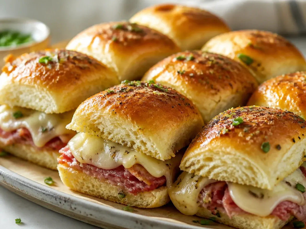 Close-up of a pulled-apart Italian slider on a Hawaiian roll showing stretchy melted cheese and layered deli meats