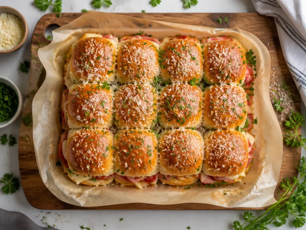 Classic Italian sliders with salami, ham and provolone cooling on a wire rack after baking