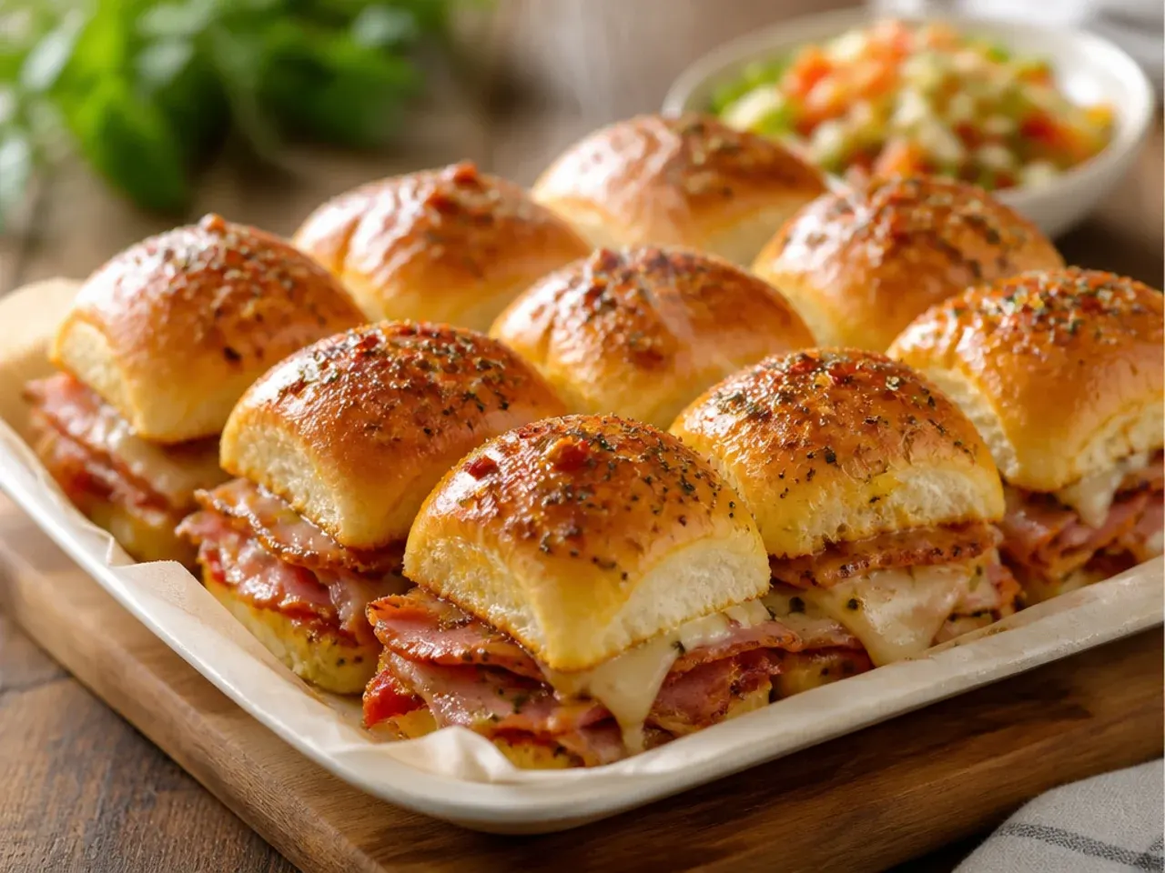 Sheet pan of quick Italian sliders fresh out of the oven with visible melted cheese