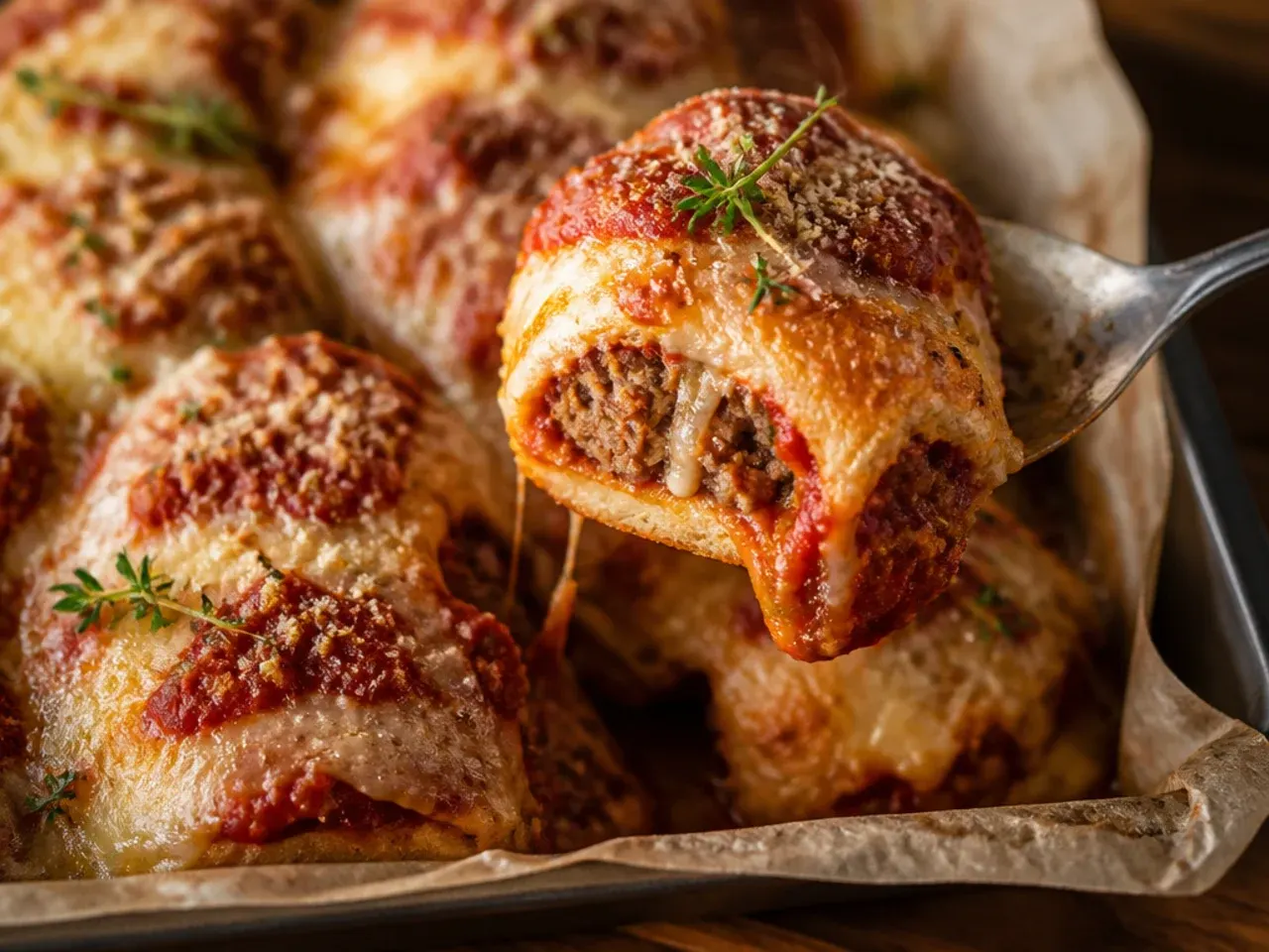 Meatball marinara sliders on Hawaiian rolls with sauce and melted mozzarella visible between the buns
