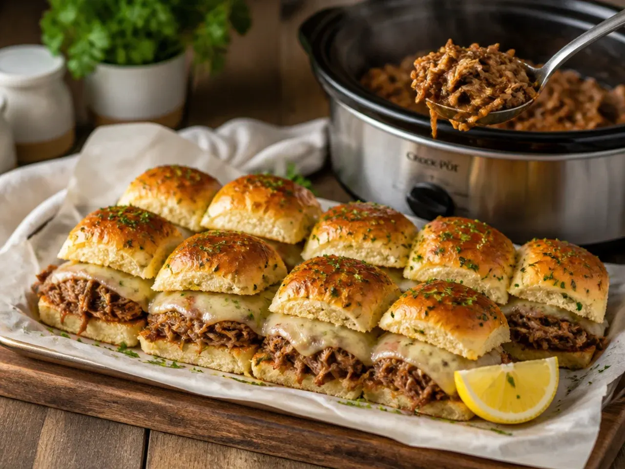 Slow-cooker Italian beef sliders piled high with shredded beef and melted provolone on Hawaiian rolls