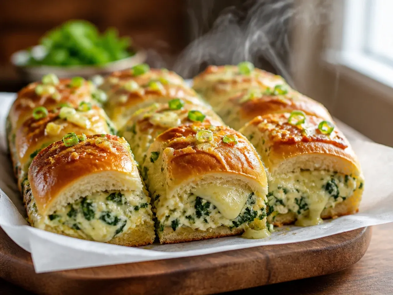 Creamy spinach and ricotta Italian sliders sliced open showing a pale green filling and melted cheese