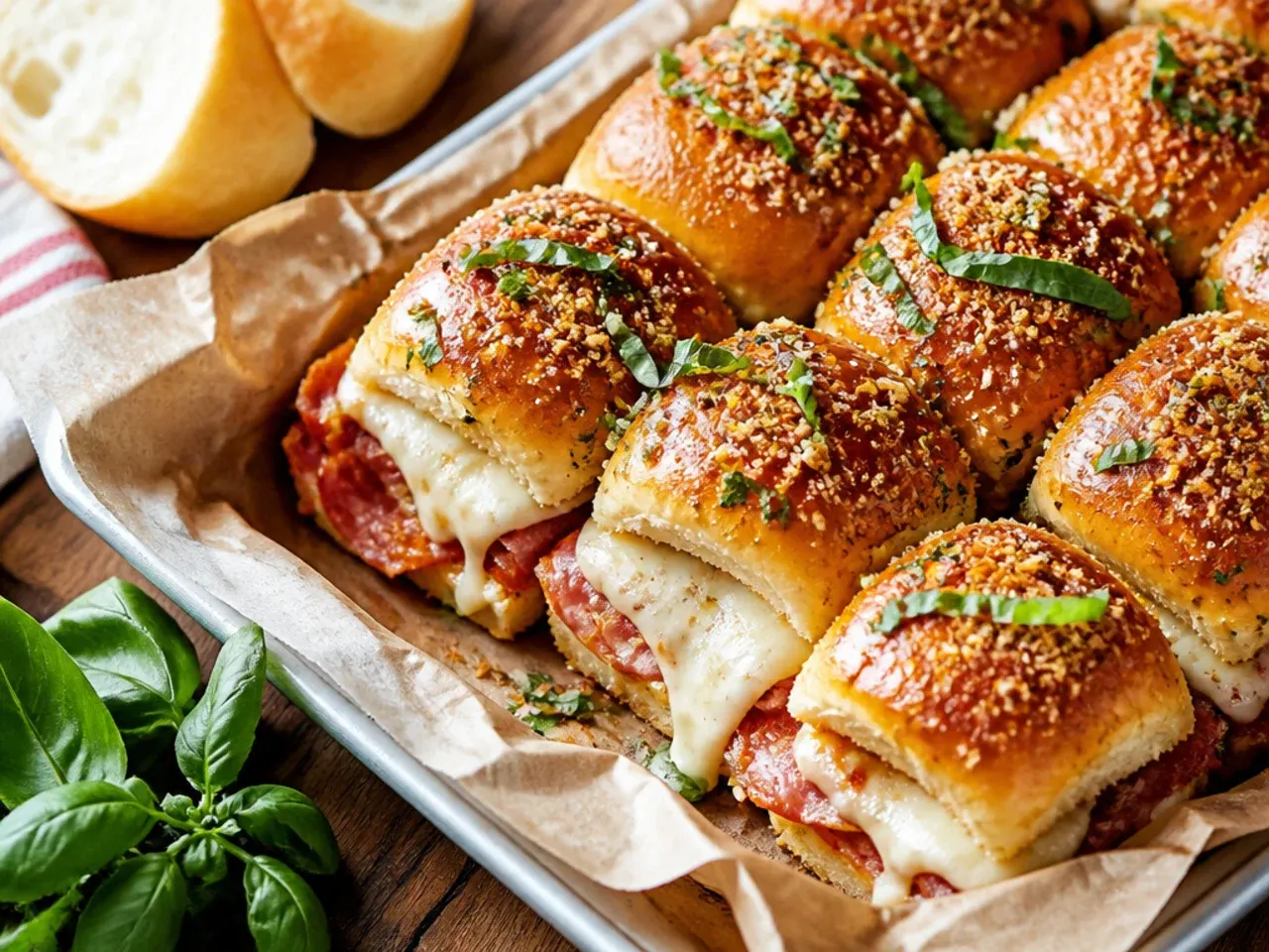Simple three-ingredient Italian sliders with just salami and provolone on a baking tray