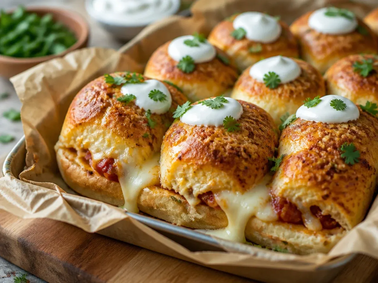 Extra-cheesy Italian sliders with four types of melted cheese stretching between the rolls