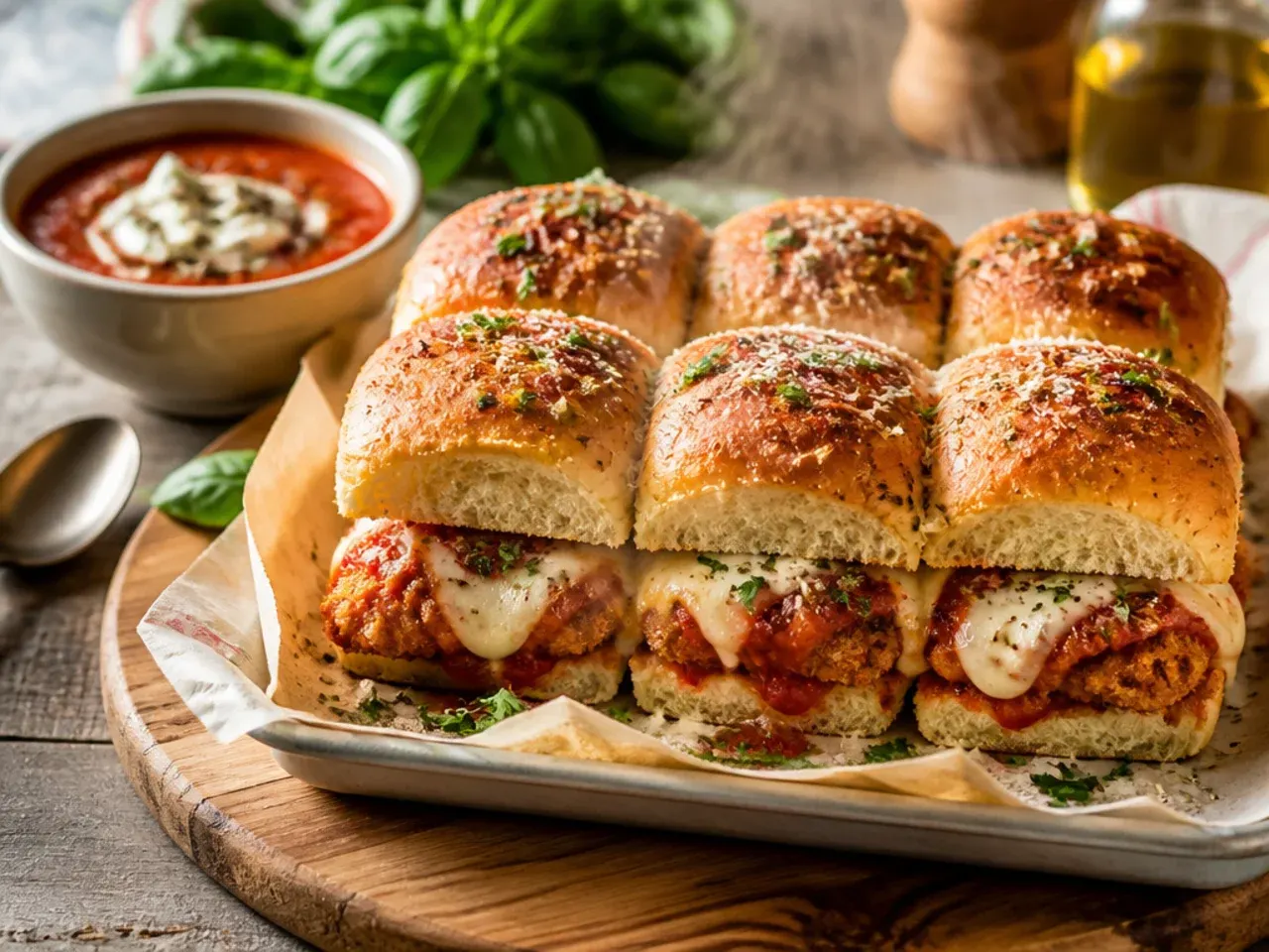 Chicken Parmesan Italian sliders with marinara and melted mozzarella on toasted Hawaiian rolls