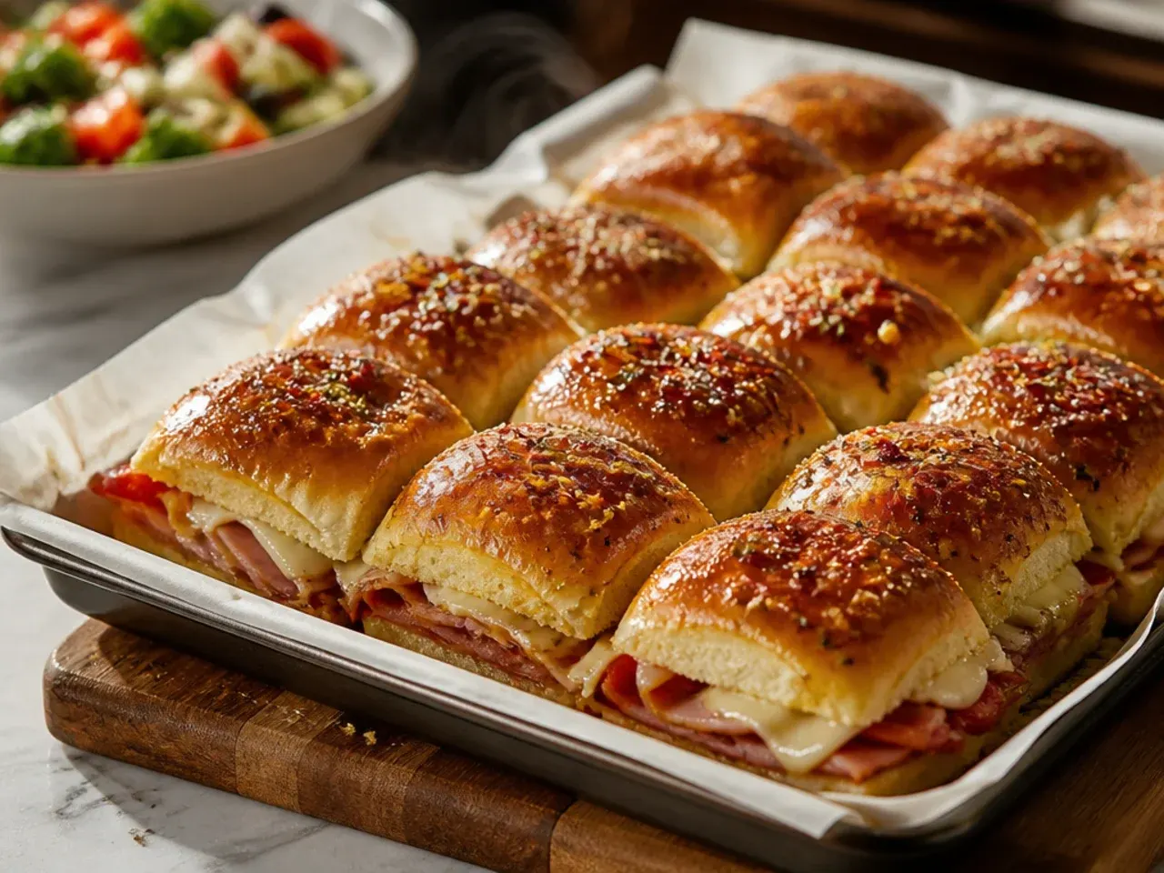 Sheet pan of Italian sliders spread in a single layer with golden, crisp tops