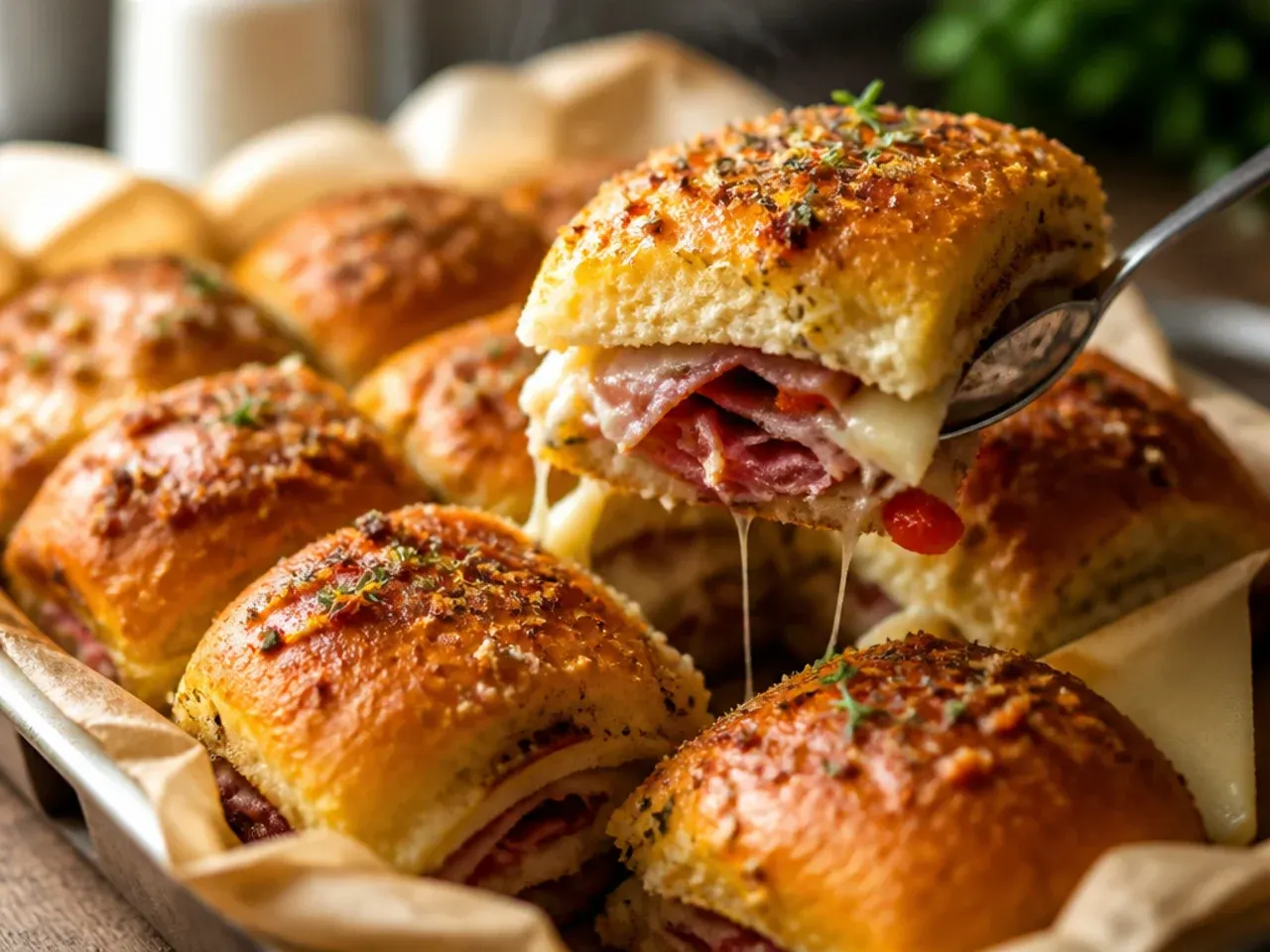 Rustic antipasto Italian sliders with roasted red peppers, artichokes and salami visible in the layers