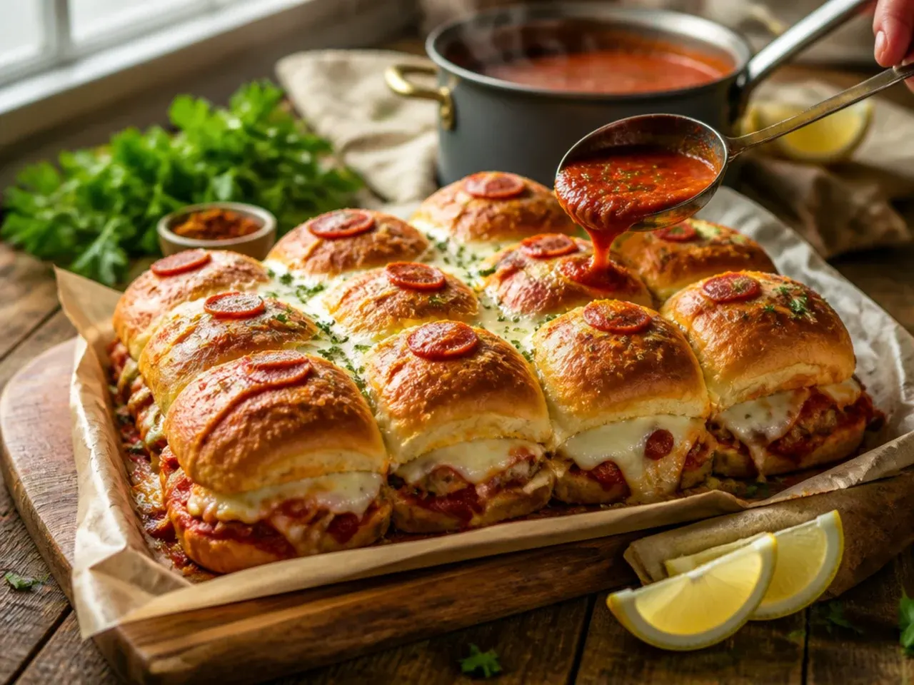 Loaded supreme pizza Italian sliders with pepperoni, sausage and peppers under melted mozzarella