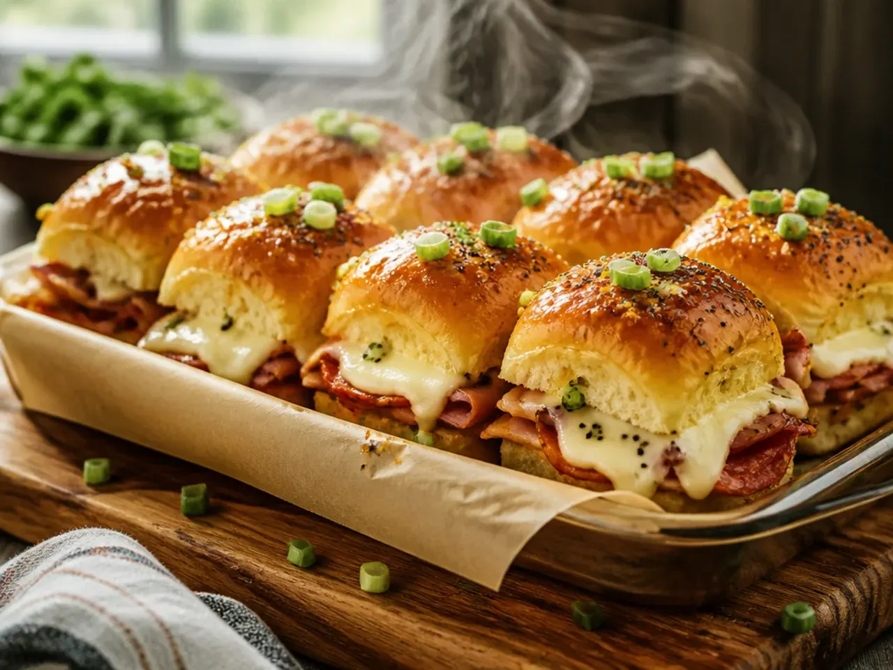 Assembled but unbaked family-style Italian sliders covered in plastic wrap ready for the fridge