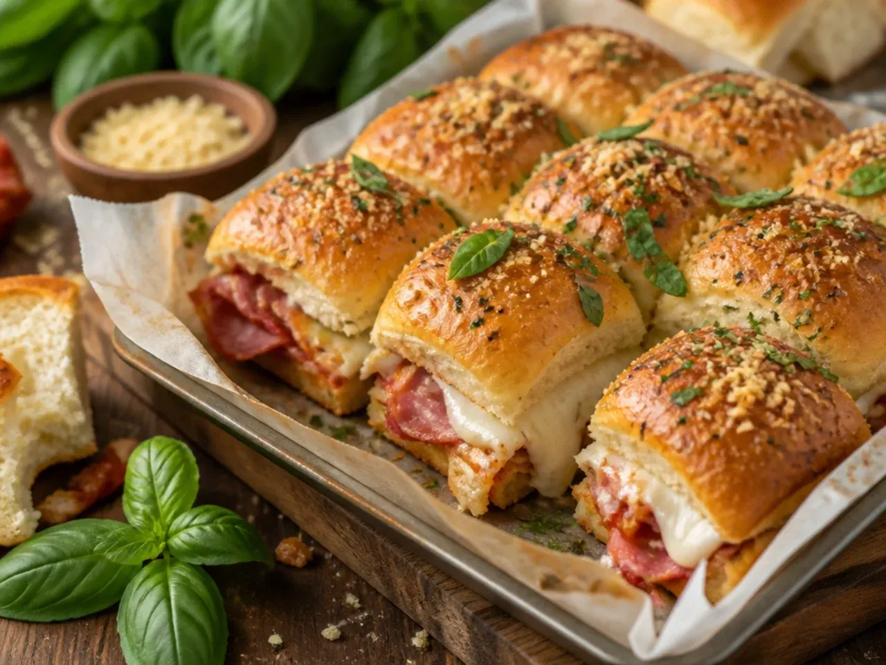 Golden brown-butter garlic topping brushed over baked Italian sliders on Hawaiian rolls