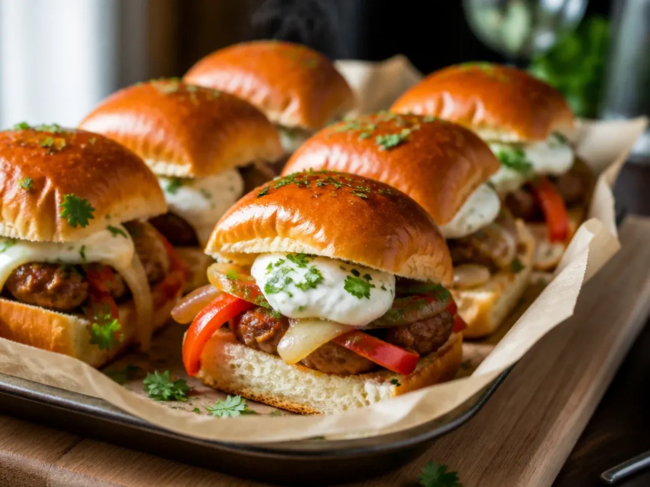 One-pan sausage and pepper Italian sliders with visible strips of bell pepper and browned sausage