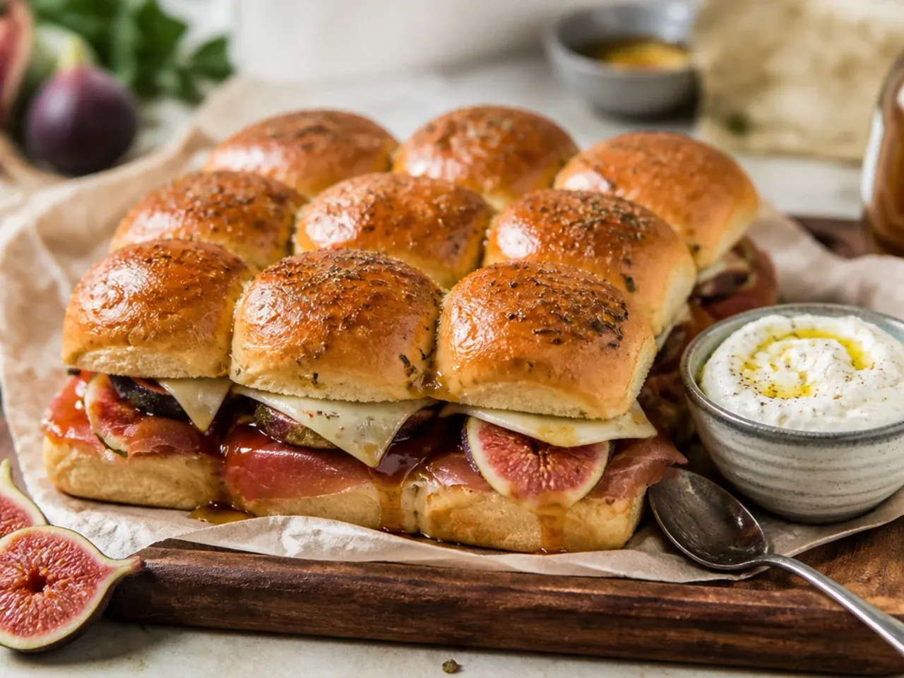 Prosciutto and fig Italian sliders with visible jam and melted brie between the layers