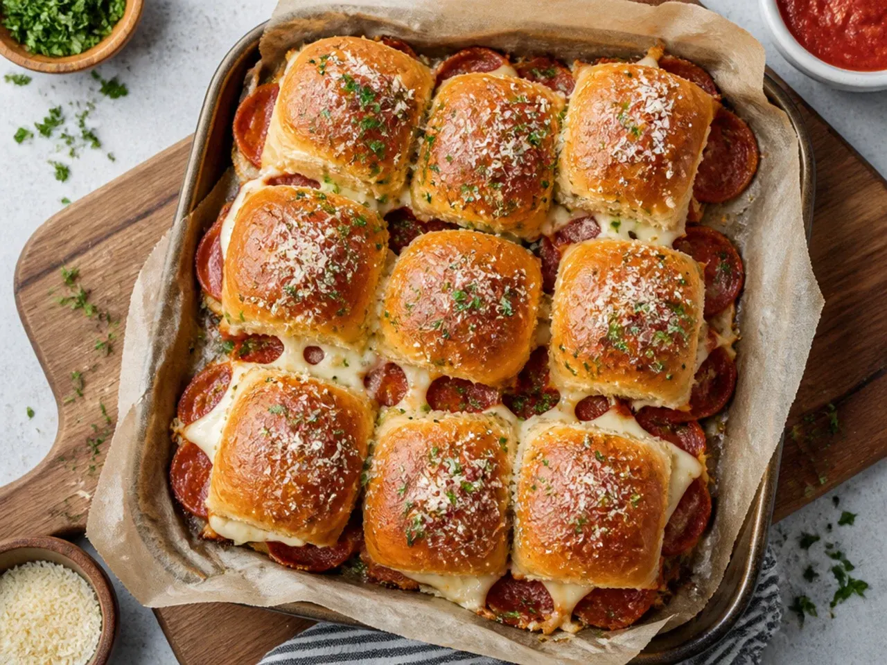 Easy pepperoni pizza Italian sliders with crisped pepperoni edges on melted mozzarella