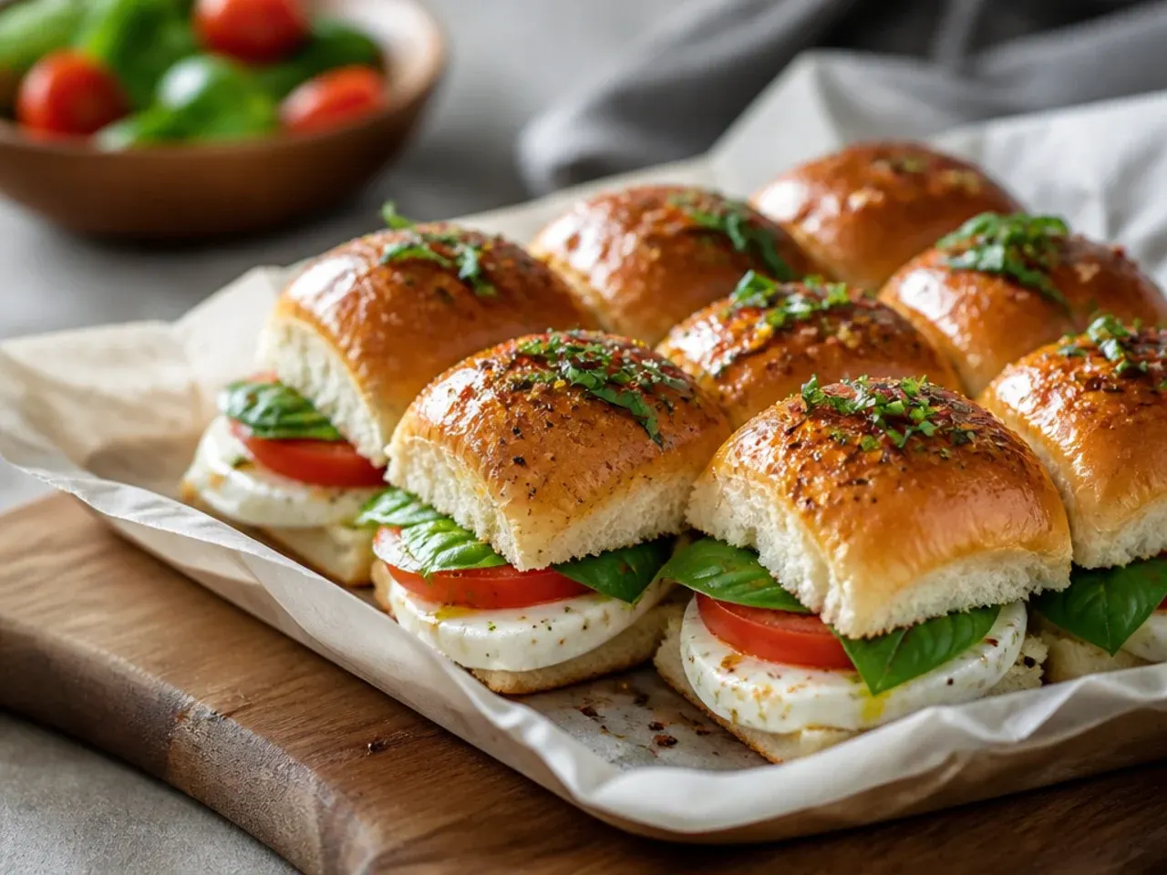Fresh Caprese-style Italian sliders with tomato, basil and melted mozzarella drizzled with balsamic glaze