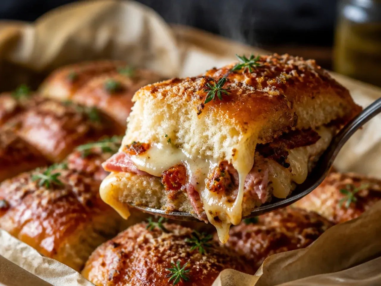 Cozy Sunday supper Italian sliders with caramelised onions visible between the cheese and salami