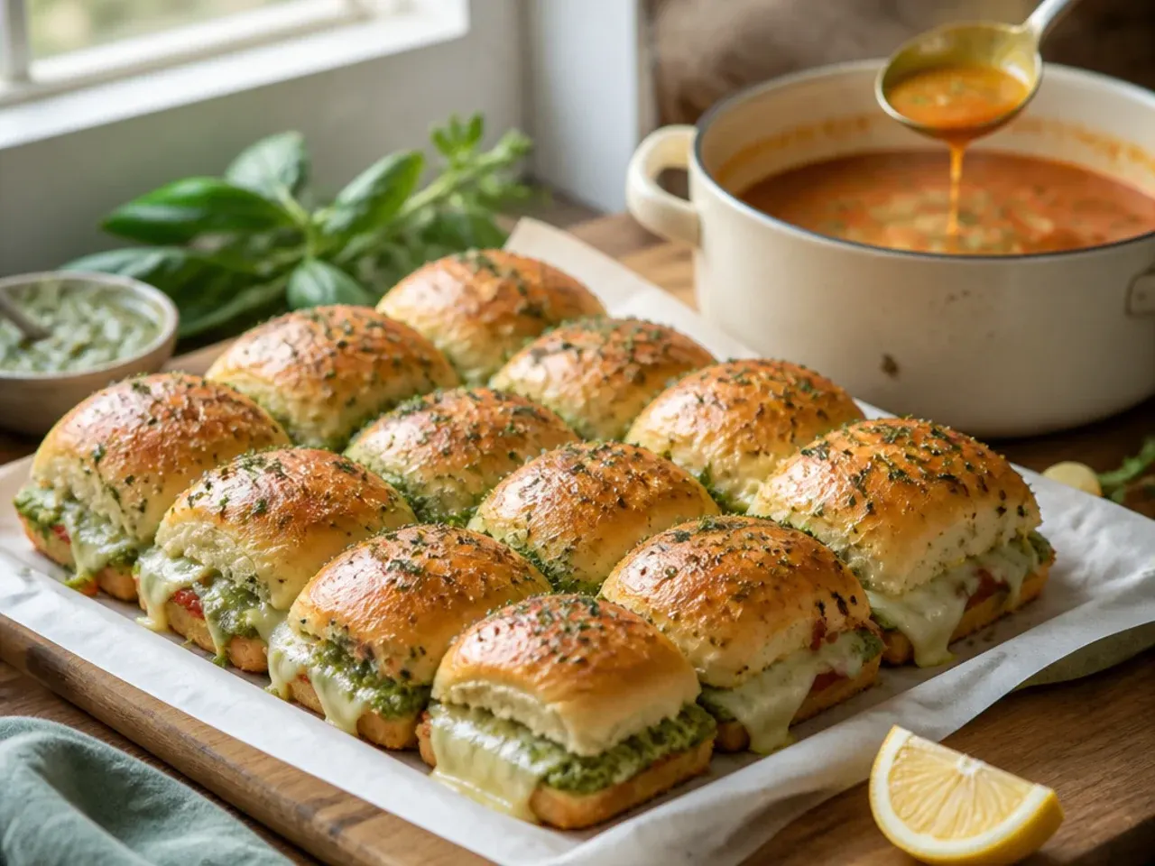 Creamy pesto and mozzarella Italian sliders with visible green pesto and sun-dried tomatoes