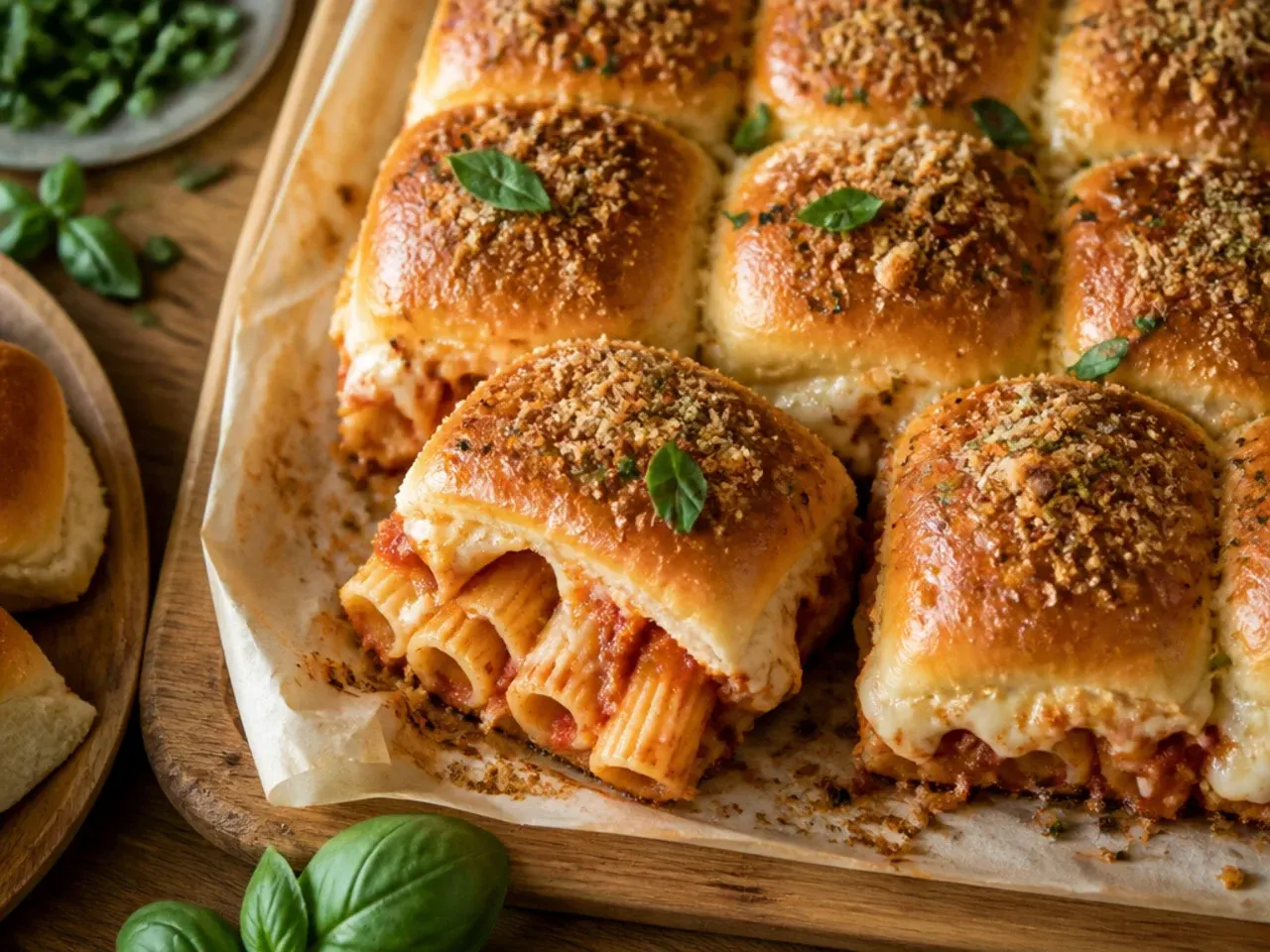 Cheesy baked ziti-inspired Italian sliders with ricotta and marinara filling under bubbling mozzarella