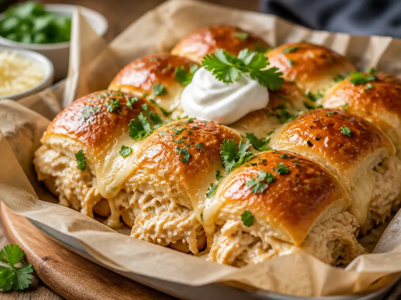 Comforting chicken Alfredo Italian sliders with creamy sauce and shredded chicken between melted mozzarella