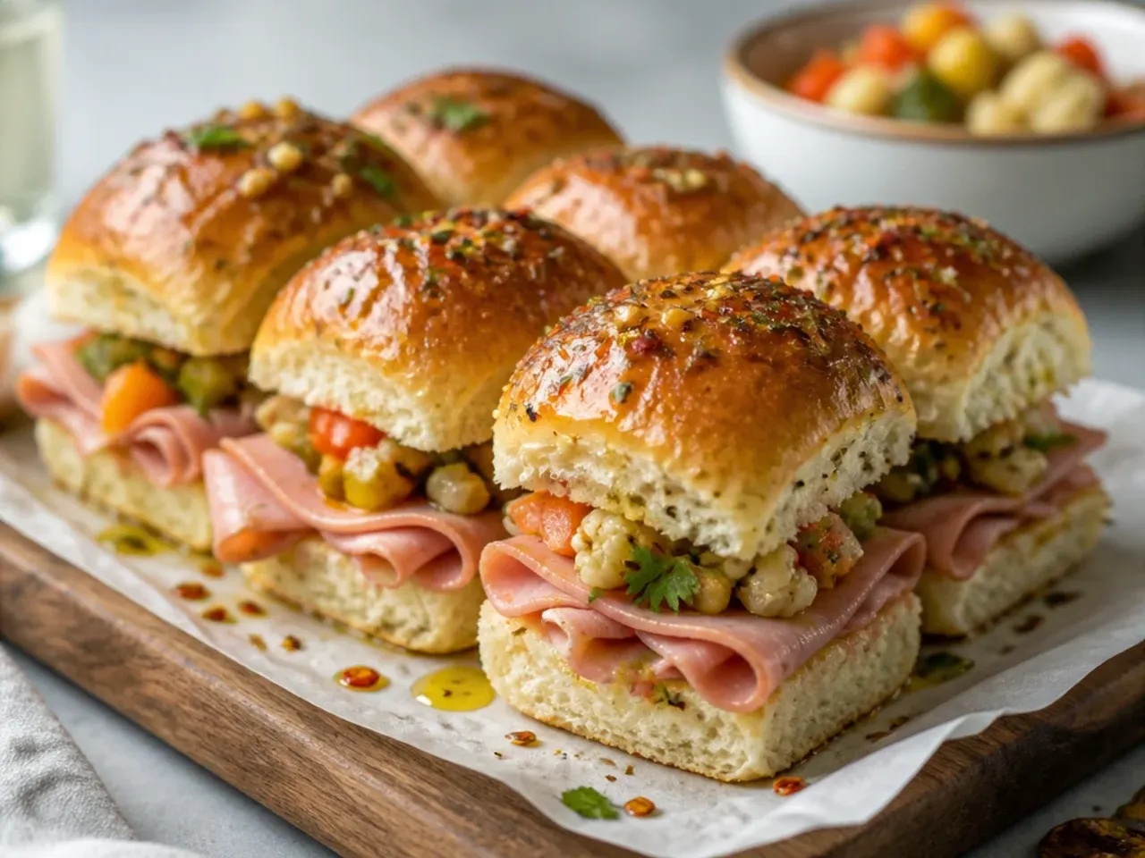 Rustic giardiniera and mortadella Italian sliders with visible pickled vegetables