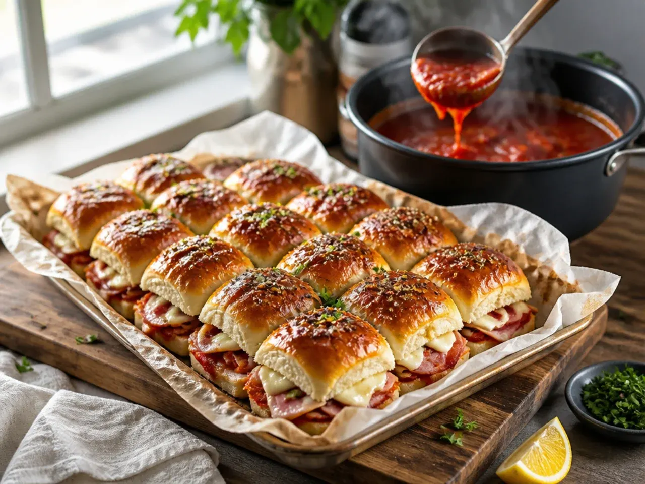 Foil-wrapped tray of freezer-friendly Italian sliders ready for the freezer