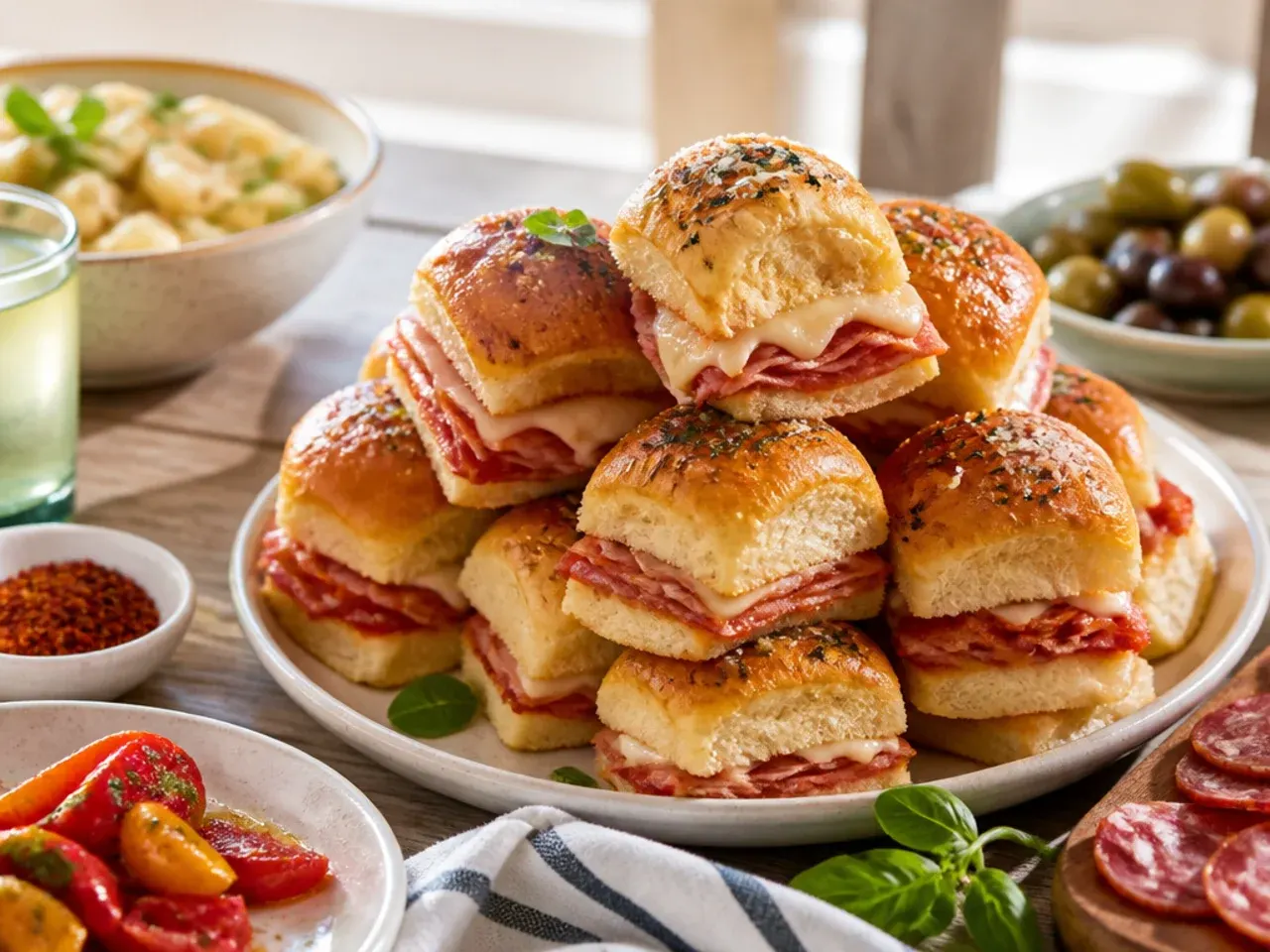 Platter of sliced Italian sliders arranged for serving with a bowl of marinara dipping sauce