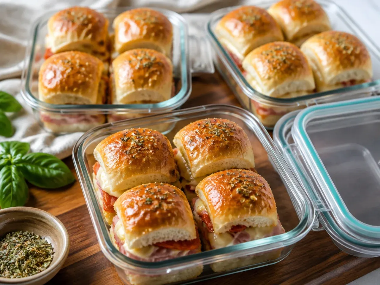 Reheated Italian sliders on a plate with melted cheese, showing they still look freshly baked