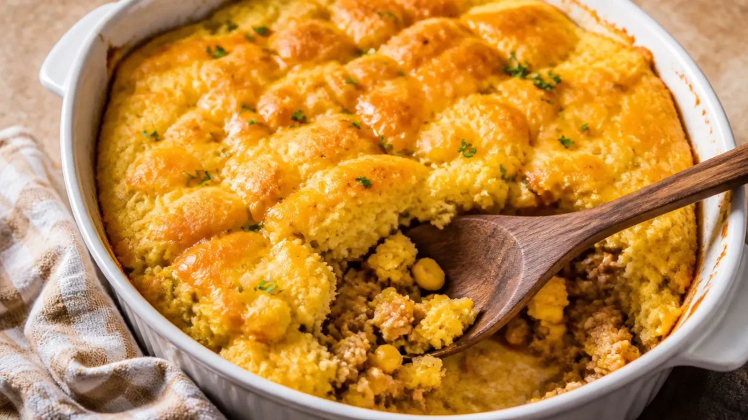A golden baked jiffy cornbread casserole in a white dish, top browned and slightly cracked, with a wedge lifted out on a spatula