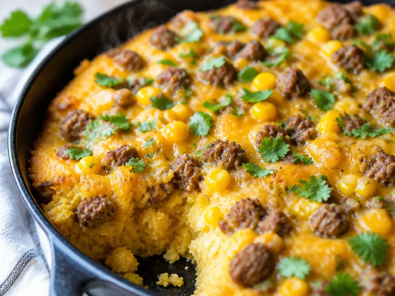 Overhead shot of ingredients for jiffy cornbread casserole laid out including a box of cornbread mix, tinned corn, sour cream and eggs
