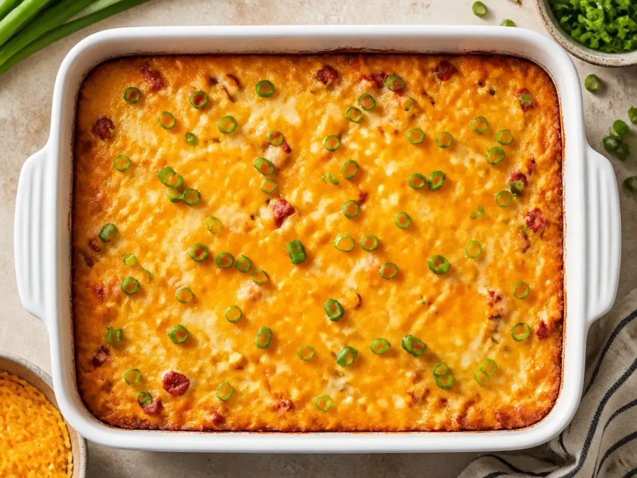 Classic jiffy cornbread casserole freshly out of the oven in a glass baking dish