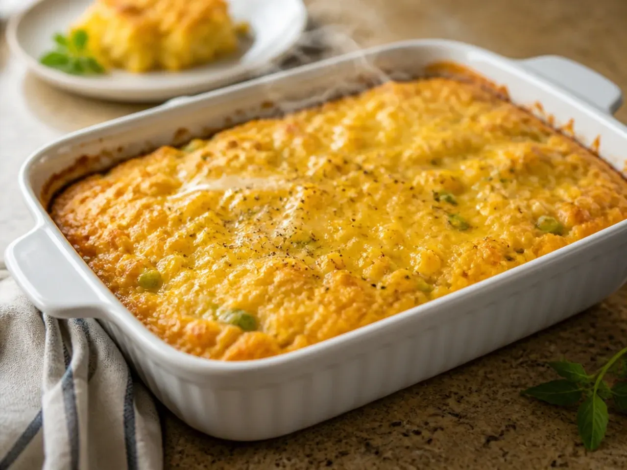 Hands mixing jiffy cornbread casserole batter directly in a baking dish with a wooden spoon