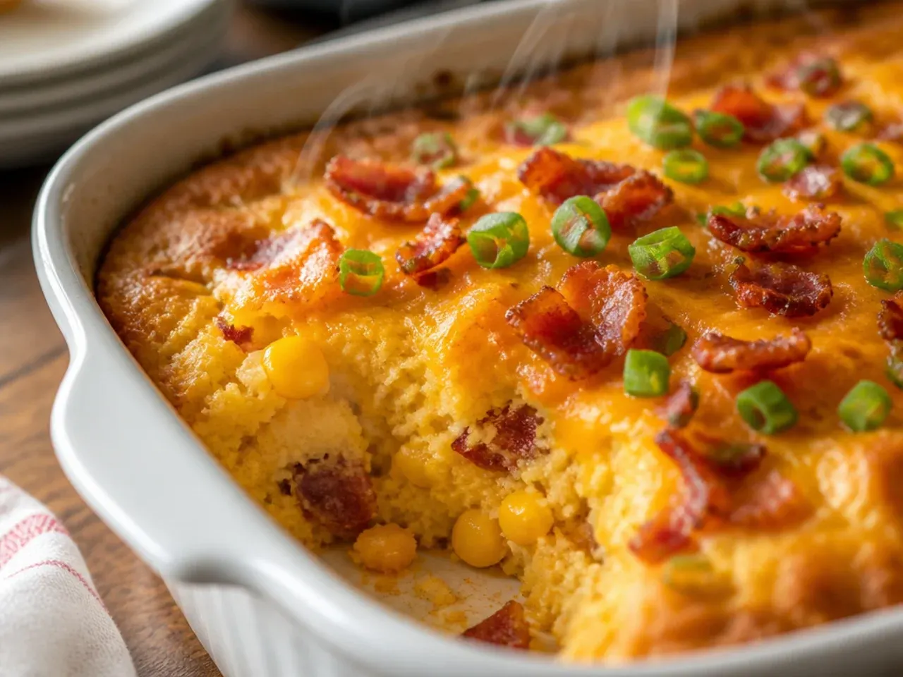 Bacon and cheddar jiffy cornbread casserole with visible bacon crumbles and melted cheese on top