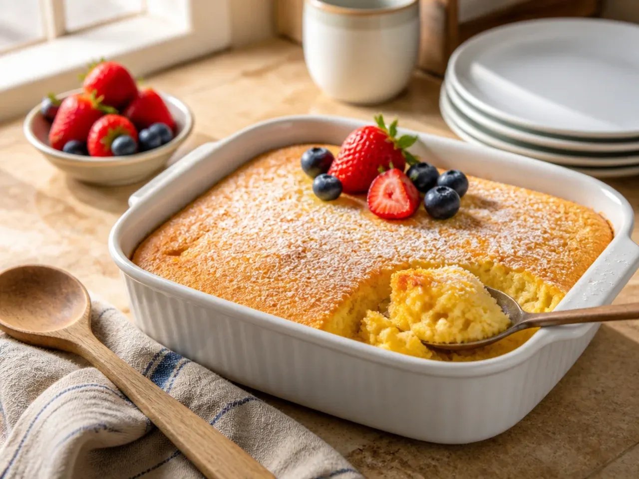 A simple five-ingredient jiffy cornbread casserole sliced into squares on a wooden board