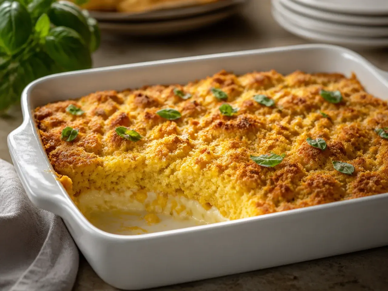 Close-up of creamy cream cheese jiffy cornbread casserole showing a rich, dense crumb
