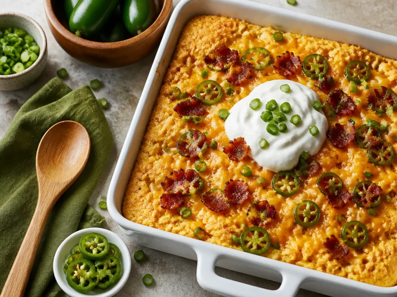 Loaded jalapeno popper jiffy cornbread casserole topped with cheese and sliced jalapenos