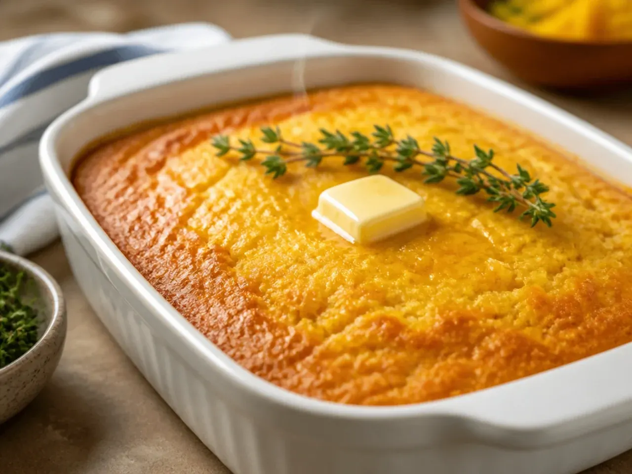Jiffy cornbread casserole brushed with glossy honey butter, steam rising from the fresh-baked top