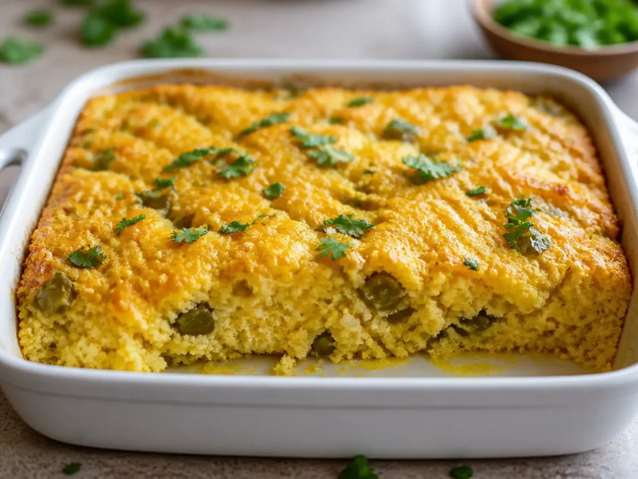 Cheesy green chile jiffy cornbread casserole with melted Monterey Jack and visible flecks of green chile