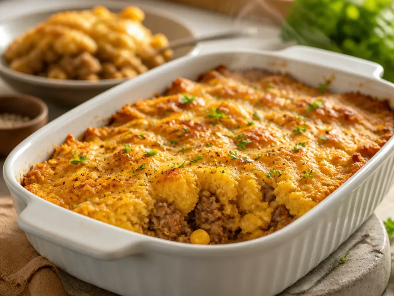 Ground beef and cornbread bake sliced to show a savoury meat layer under golden cornbread topping