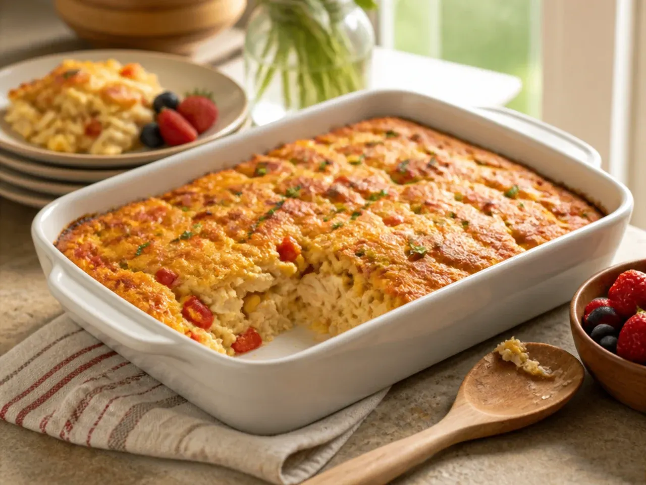 Family-style chicken and cornbread casserole in a large dish with visible shredded chicken and peas