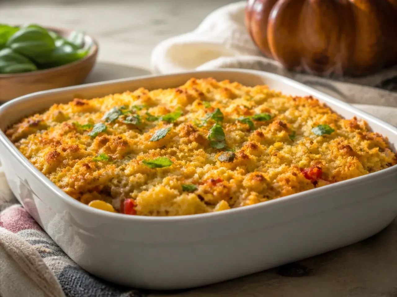 Festive Thanksgiving cornbread casserole topped with toasted pecans on a holiday table setting