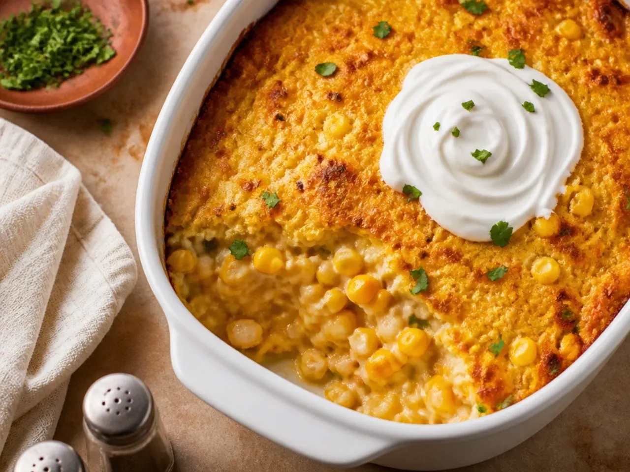 Quick skillet jiffy cornbread casserole with crisp golden edges in a cast iron pan