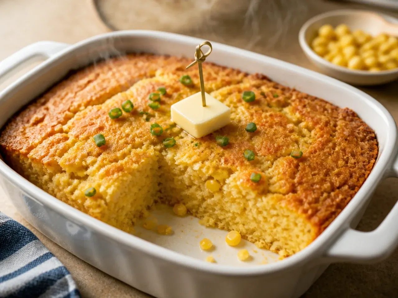 Homemade buttermilk jiffy cornbread casserole with a taller, more open crumb texture