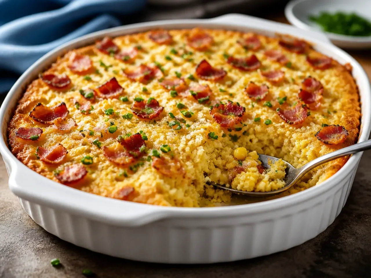 Southern-style cornbread casserole with a crisp bottom crust baked in bacon drippings