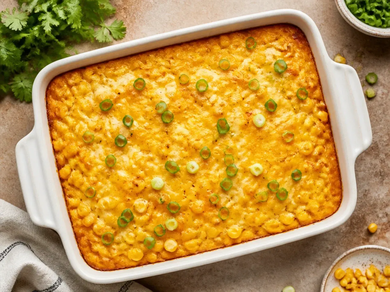 Sweet corn and honey cornbread casserole with visible fresh corn kernels throughout