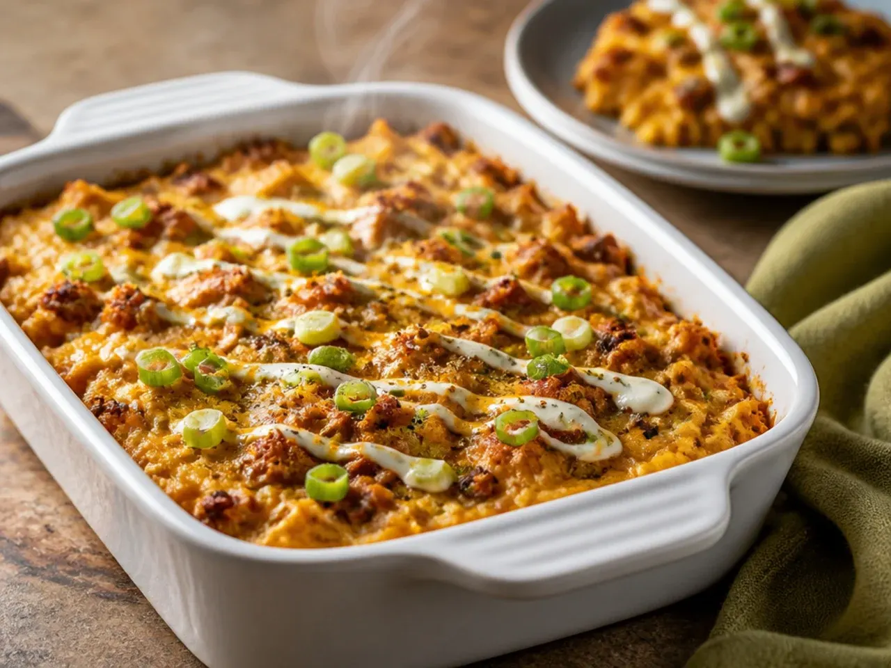 Spicy chorizo cornbread casserole with visible red-orange chorizo pieces throughout the bake