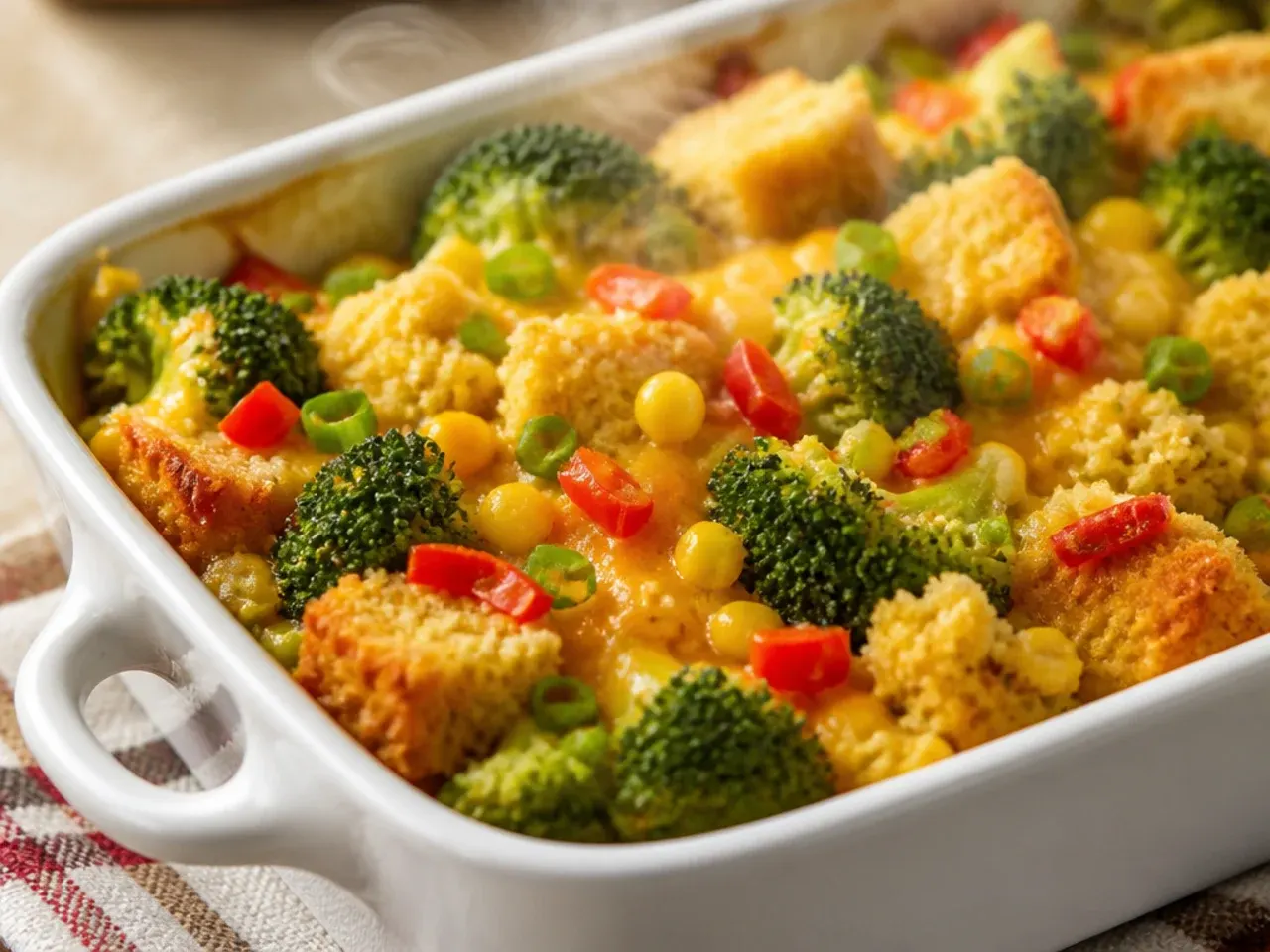 Broccoli cheddar cornbread casserole sliced to show chopped broccoli and melted cheese throughout