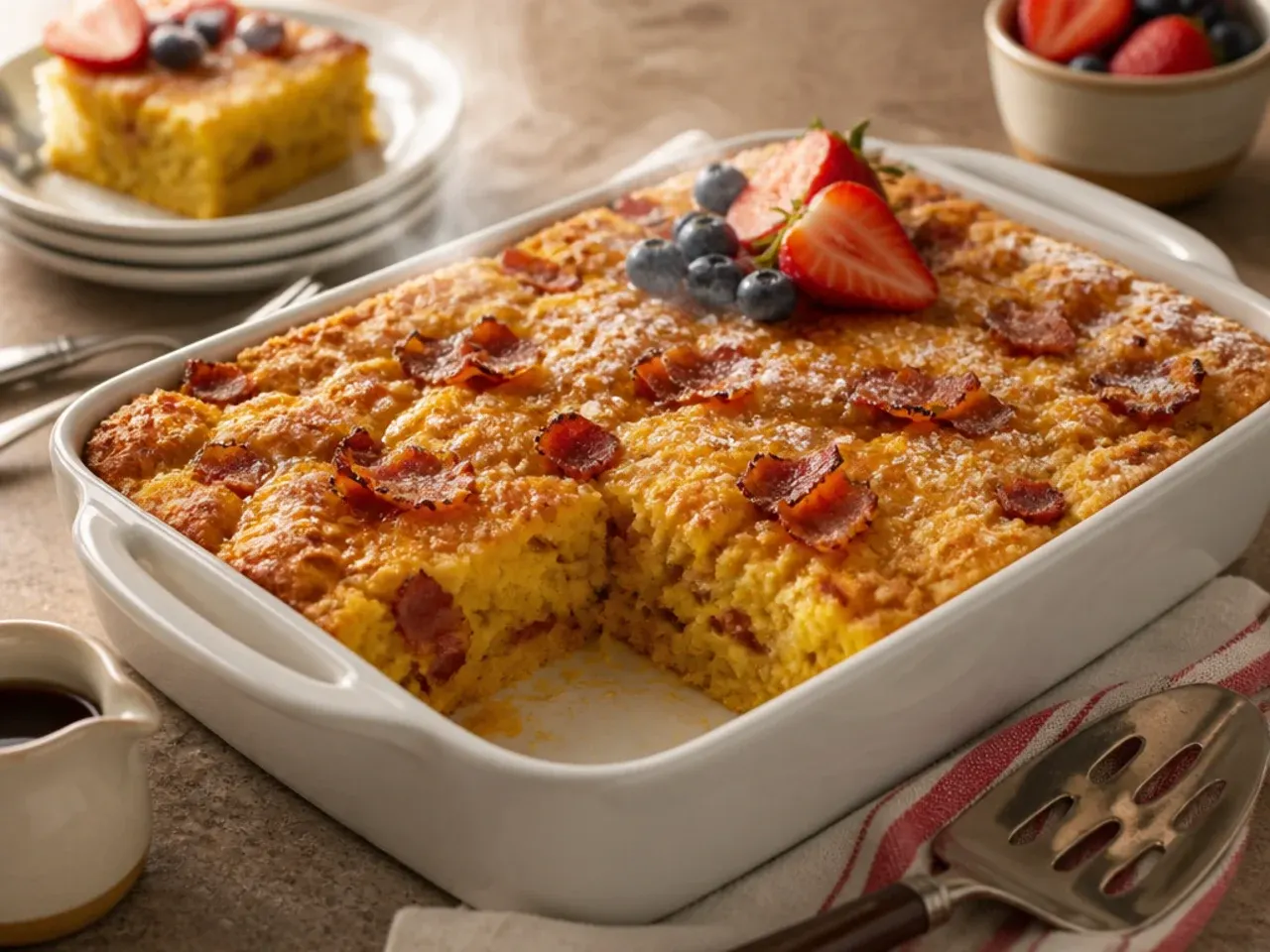 Maple bacon cornbread casserole drizzled with syrup and topped with crisp bacon pieces