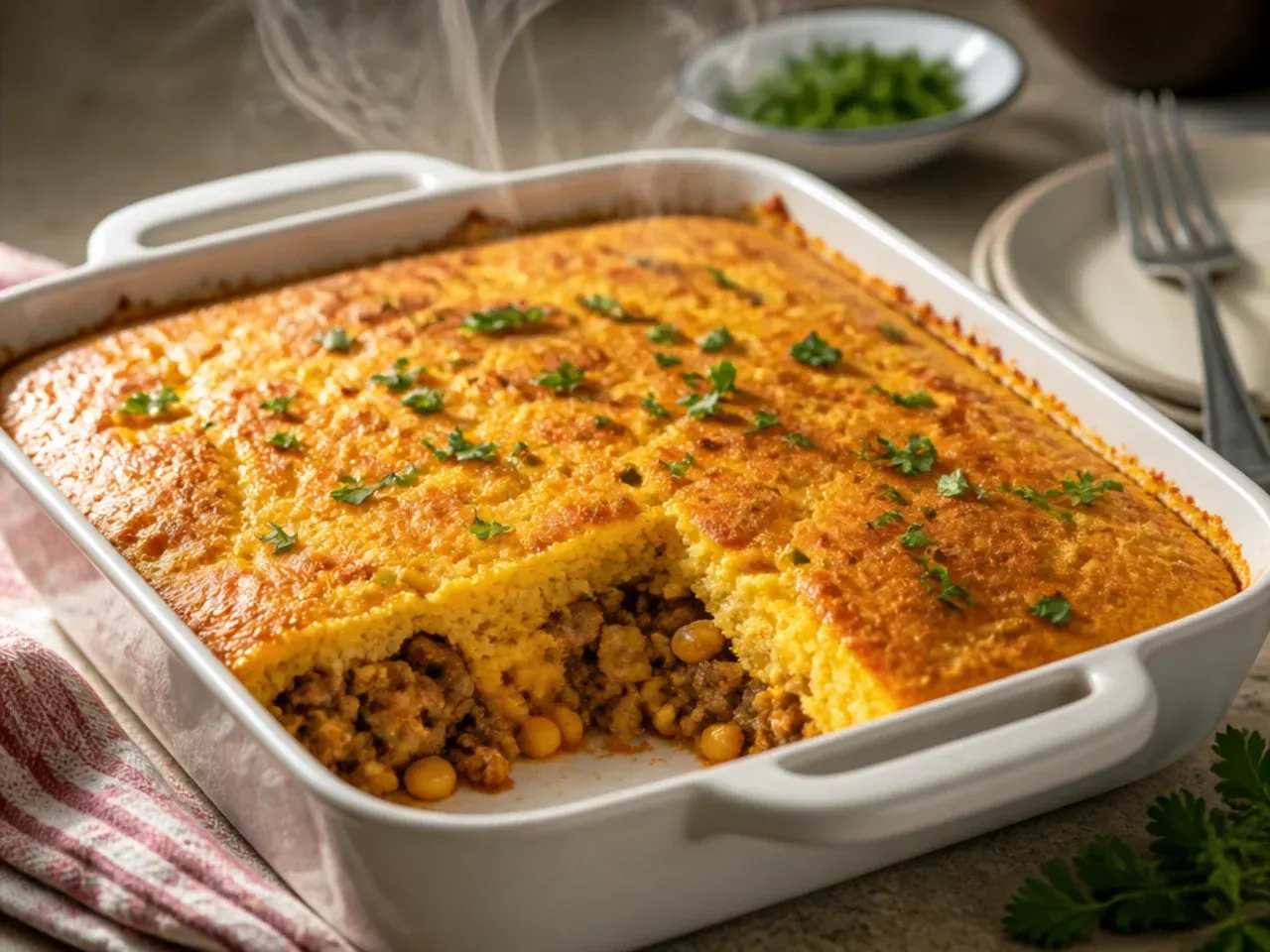 A slice of jiffy cornbread casserole served on a plate beside barbecue chicken and coleslaw
