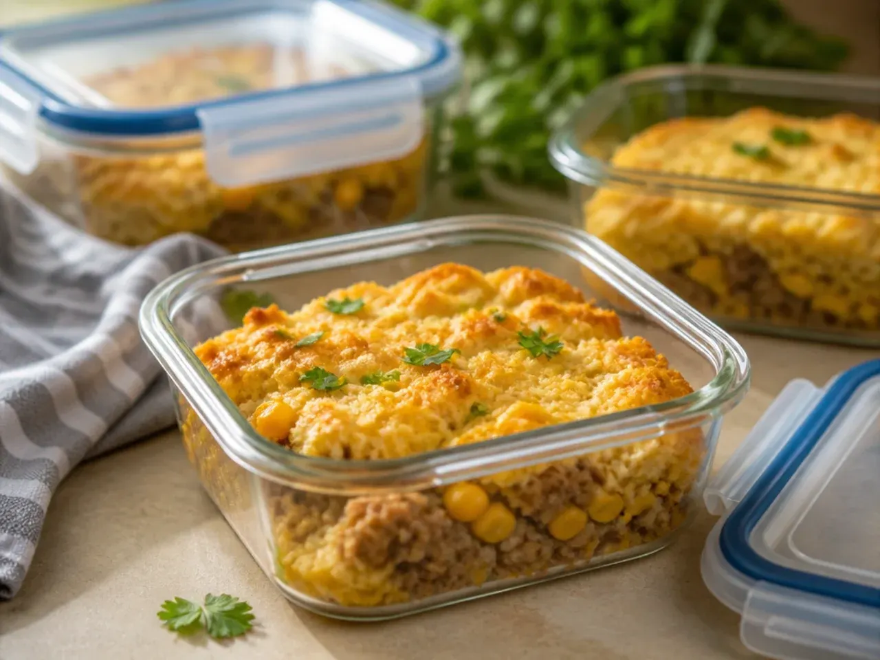 Leftover jiffy cornbread casserole squares stored in an airtight container in the fridge