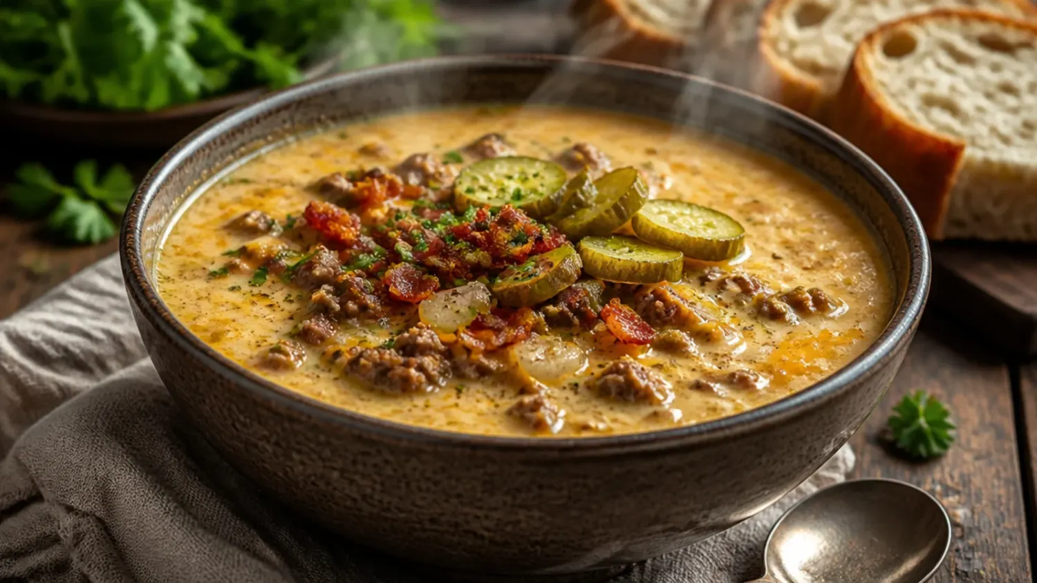 Bowl of creamy keto cheeseburger soup topped with melted cheddar, crispy bacon, and a swirl of cream